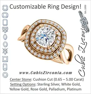 Cubic Zirconia Engagement Ring- The Magda Lesli (Customizable Double-Halo Style Cushion Cut with Curving Split Band)