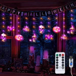 Halloween Window Lights, 8.9ft 108LED Purple Orange Halloween Lights with Remote, Curtain Lights with 10 Halloween Ornaments, USB Powered 8 Modes for Halloween Decoration