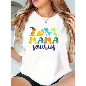 Women's Cute Colorful Dinosaurs MAMA Saurus Graphic T-Shirt, Casual Family Gathering Dino Theme Mom Casual Top