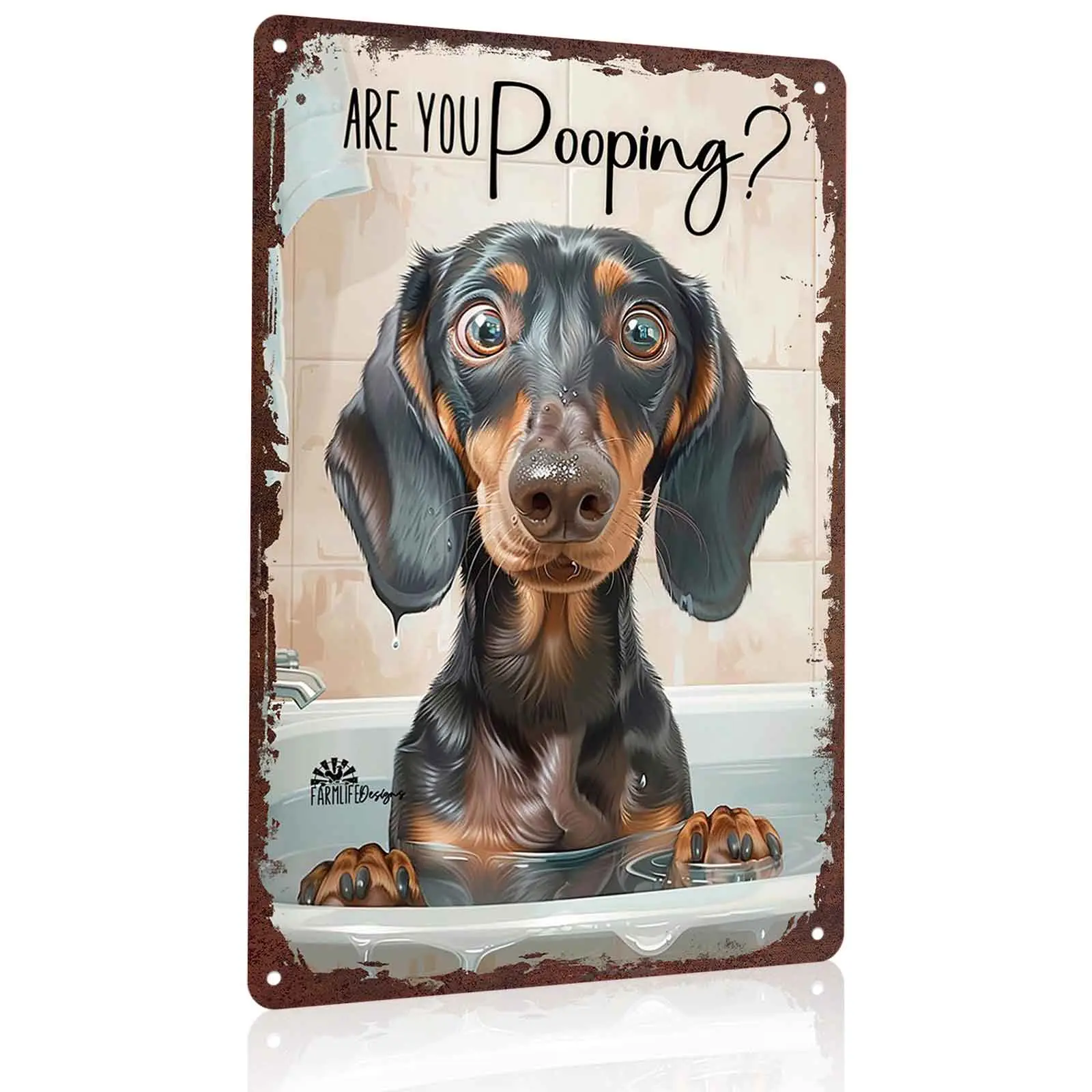 12x8 in Aluminium Metal Sign - "Are You Pooping?" Dachshund in Bathtub Retro Wall Decor for Bathroom - Funny Home Decor Gift for Dachshund Owners