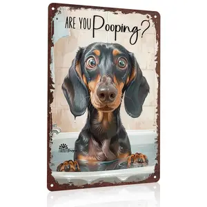 Are You Pooping? Dachshund in Bathtub 12x8 Inch Aluminum Metal Sign - Funny Dog Lover Wall Decor for Bathroom, Restroom, Powder Room - Retro Tin Sign Gift for Dachshund Owners & Pet Enthusiasts