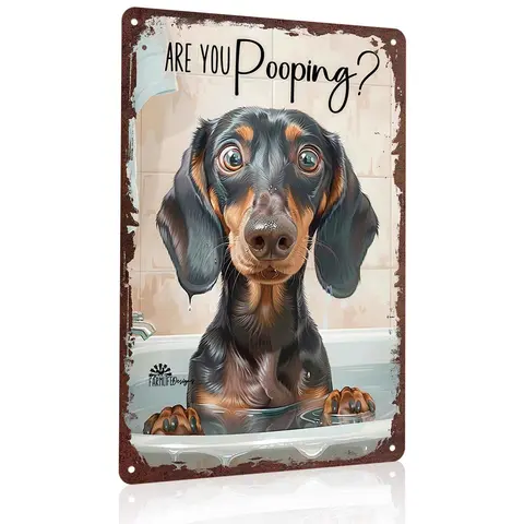 12x8 in Durable Aluminum Dachshund Sign - "Are You Pooping?" Vintage Plaque, Quirky Pet Owner Gift, Fun Bathroom Wall Accent, Animal Figures Home Signs for Wardrobe, Garage, Balcony