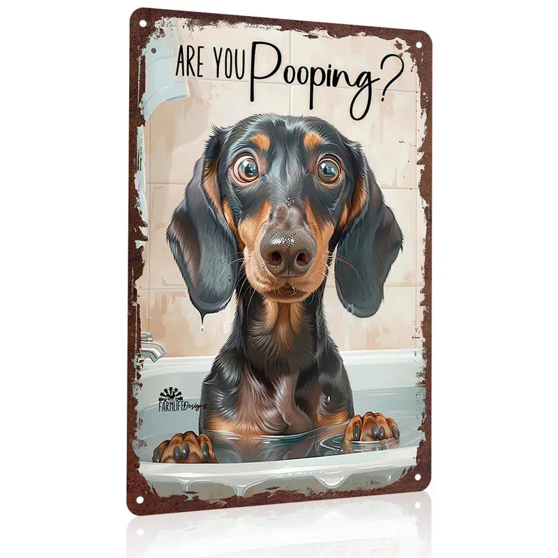 12x8 in Durable Aluminum Dachshund Sign - "Are You Pooping?" Vintage Plaque, Quirky Pet Owner Gift, Fun Bathroom Wall Accent, Animal Figures Home Signs for Wardrobe, Garage, Balcony