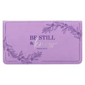 212 MAIN Faux Leather Checkbook Cover - Sports Collectibles Accessory, Purple, Biblical Psalm 46-10 "Be Still & Know" Design, Checkpad Slot, ID Window, Scrollwork