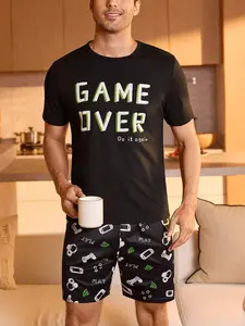 Men's Casual Home Sleepwear Set, Pajama Set, Loungewear, Short Sleeve Top + Game Controller Print Shorts, Comfortable Skin-Fit Fabric, Unisex, Perfect for Homesleep