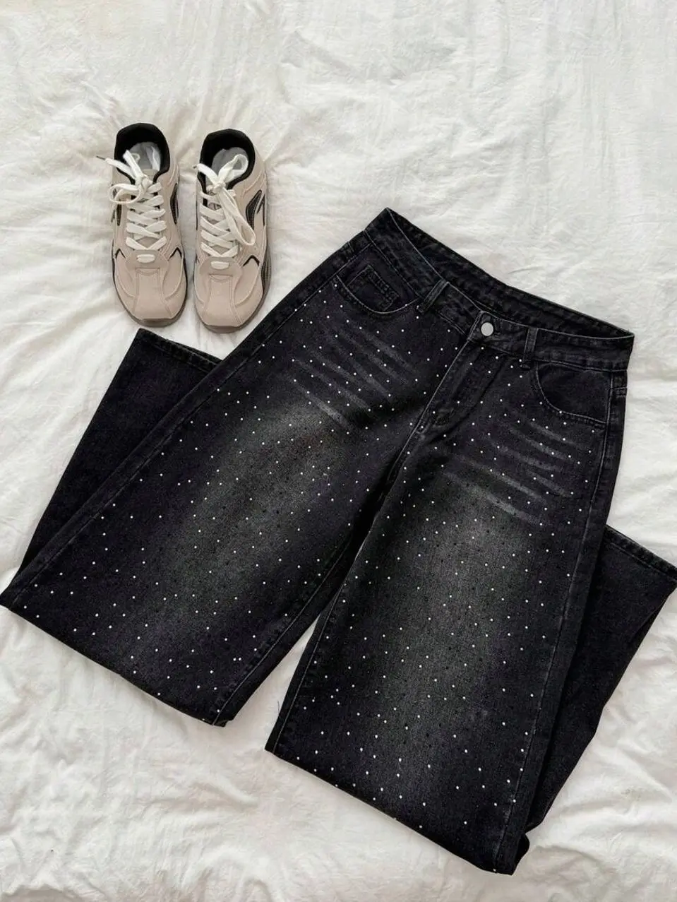 Retro Sexy Slim Fit Washed Rhinestone Embellished Wide Leg Jeans Jeans Glittersparkle Jeansrhinestone Jeans, Fall Women Clothes