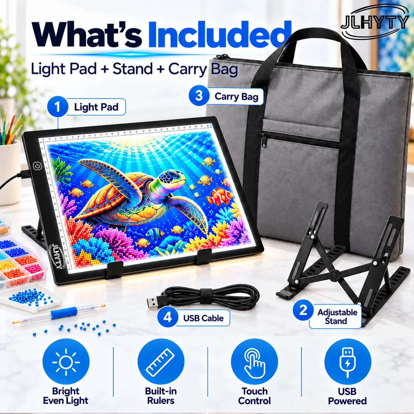 Diamond Painting Light Pad Kit with Adjustable Stand & Carry Bag, 3-Level Touch Dimmable USB Light Board for Tracing, Sketching, Art Crafts & Diamond Art