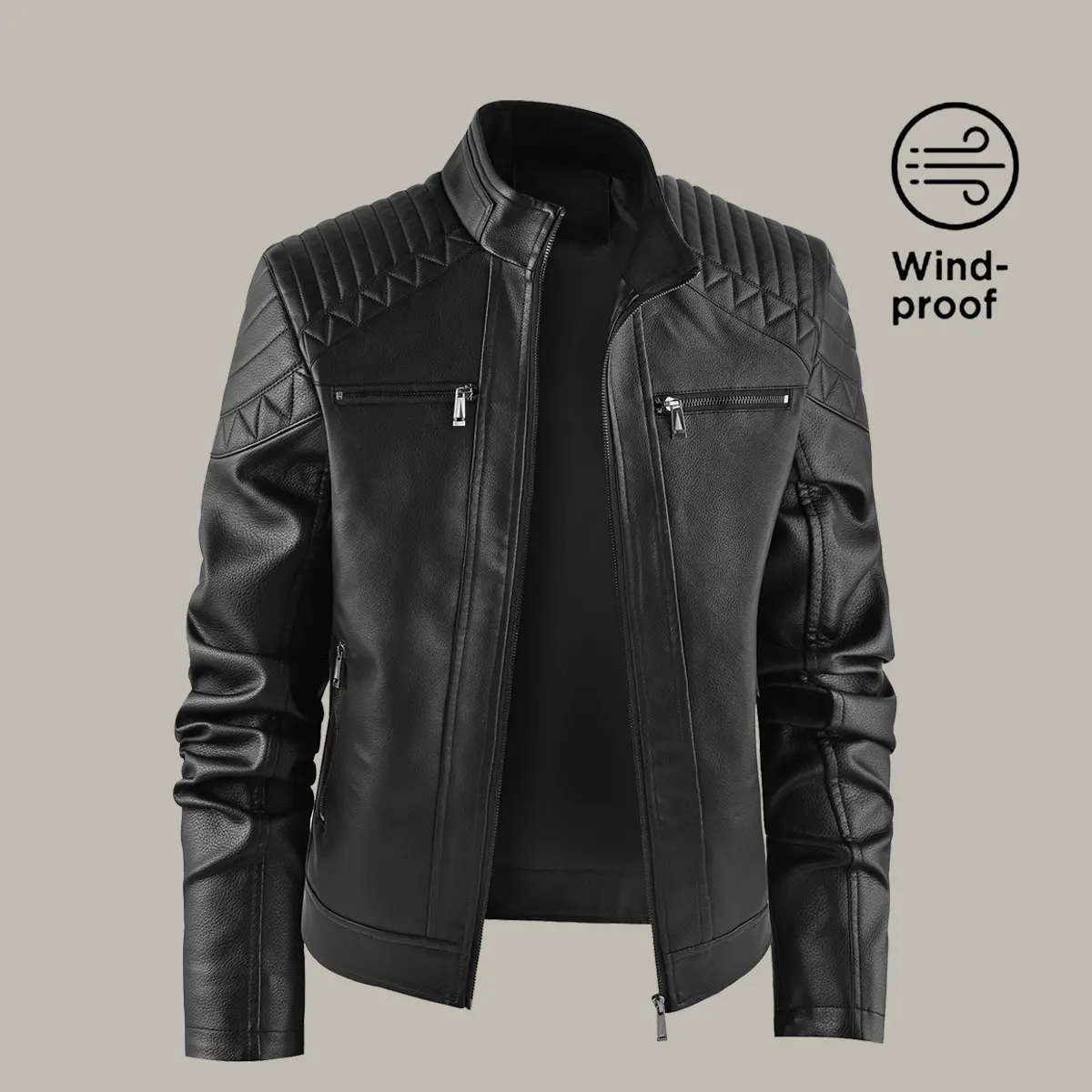 Men's Windproof Leather Jacket with Zipper Closure Solid Color Sport Style Pilot Motorcycle Model Multi-functional Outerwear Casual Menswear Beige Stylish Sporty