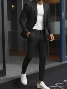 Men's Striped Print Suit Set, Slim Business Formal Suit for Wedding Party, Men's Clothing for Spring & Fall, Menswear