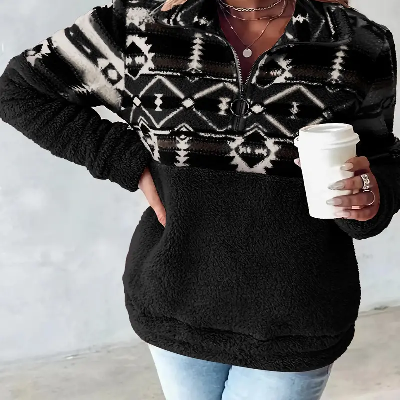 Women's Geometric Print Zip Up Plush Fitted Sweatshirt, Casual Long Sleeve Pullover for Fall & Winter, Sweatshirts for Women, Women's Clothes for Daily Wear, Classic Pullover