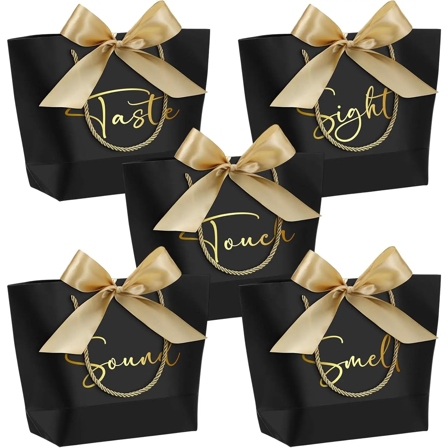5-Pack Handle 5 Senses Paper Gift Bags with Bow Ribbons, Decor & Business Party Supplies for Him (Black)