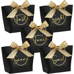 5 Pack 5 Senses  Bags for Him Her with Handles, Five Senses Paper  Bags with Bow Ribbon for Wedding Birthday  Shower Anniversary Party Supplies (Black)