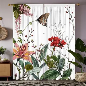 2 Piece Polyester 2D Print Plant Theme Curtains, Butterfly Lily Pattern Rod Pocket Drapes, Bedroom and Living Room Decor