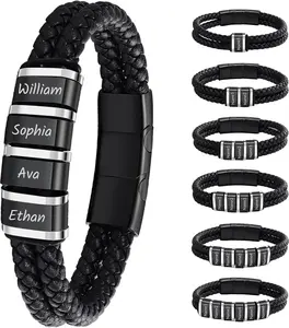 Custom Name Bracelet with 1-6 Names Personalized Braided Leather engraved Bracelets for Men Gifts for Christmas Valentines Day Fathers Day Birthday Anniversary Boyfriend Grandpa