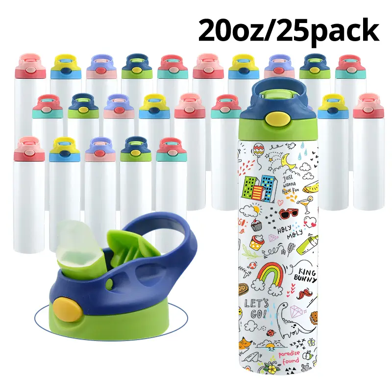 25-Pack 20oz Straight Stainless Steel Sublimation Print Water Bottles - Blank, Reusable, Washable Tumblers with Leak-Proof Lid, Flip-Top Straw, DIY Personalized Mixed Straight Shape Portable Outdoor Drinkware