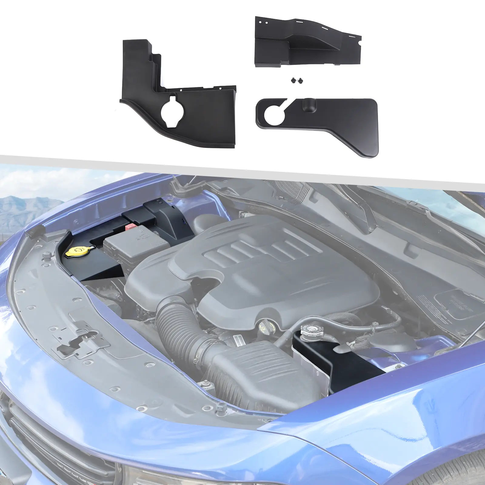 3-Piece Engine Hood Side Dust Cover Kit for 2015+ Dodge Challenger, High-Quality ABS Car Exterior Accessory, UV-Resistant, Scratch-Resistant Coating, Easy DIY Installation Protector, Car Exterior Decoration, Designed And Laser Cut, Double-Sided Adhesive,