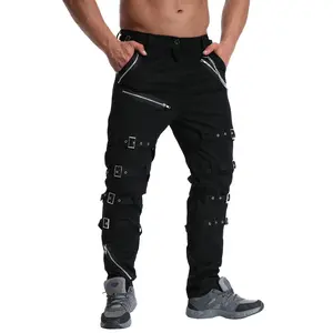 [Gothic Punk Rock Style] Black Cotton Techwear Cargo Pants - Multi-Pocket Design with Chain & Buckle Details for Skateboarding & Casual Wear