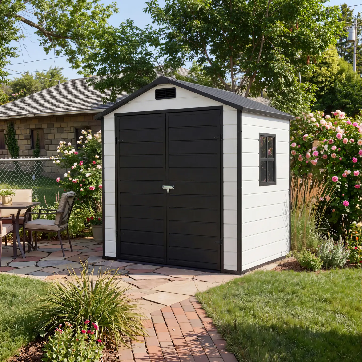 Outdoor Storage Shed with Floor, 6x4 ft Plastic Resin Garden Shed with Window & Sloping Roof & Lockable Door for Patio Backyard Garden, Lawn Mower, Bike, Tool Storage