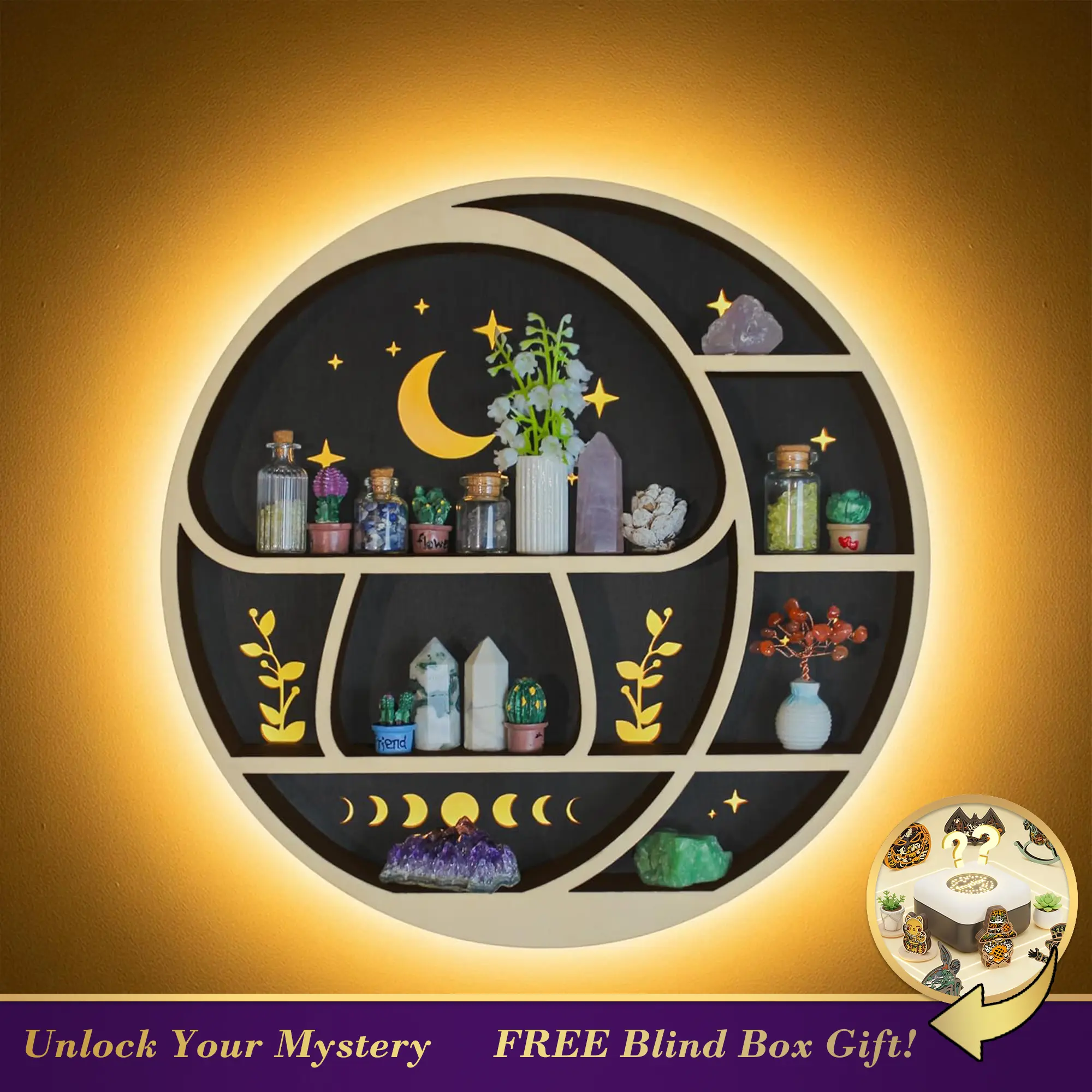 FNYDOX Circle Mushroom on The Moon Wall Shelf with LED Light Wooden Trinket Knick Knack Shelf for Rocks Gems Healing Stones Cute Crystal Holder Organizer