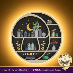 FNYDOX Circle Mushroom on The Moon Wall Shelf with LED Light Wooden Trinket Knick Knack Shelf for Rocks Gems Healing Stones Cute Crystal Holder Organizer