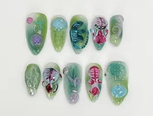 Bio Experiment Press On Nails - 3D Fossil and Skeleton Details - Glow Effect & 3D Design - Mad scientist Nail Art