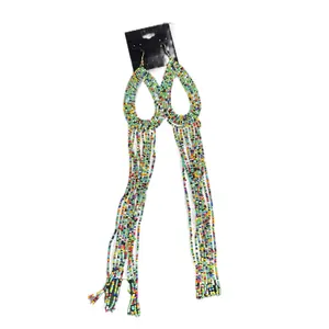 Beaded Long Statement Earrings with Colorful Beads and Metal Band
