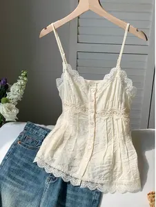 Comfortcana Women's Solid Color Contrast Lace Single-Breasted Casual Camisole Shirt