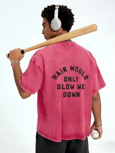 Washable Cotton Men's Oversized Washed Retro Distressed Short-Sleeve Tee, Funny "Hair Would Only Slow Me Down" Back Print Party Clothing