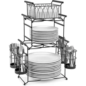 Buffet Caddy - 7-Piece Stackable Set Includes Plate, Napkin, and Silverware Holder, 3-Tier Detachable Tabletop Organizer - Ideal for Kitchen, Dining, Entertaining, Parties,Thanksgiving (Black)
