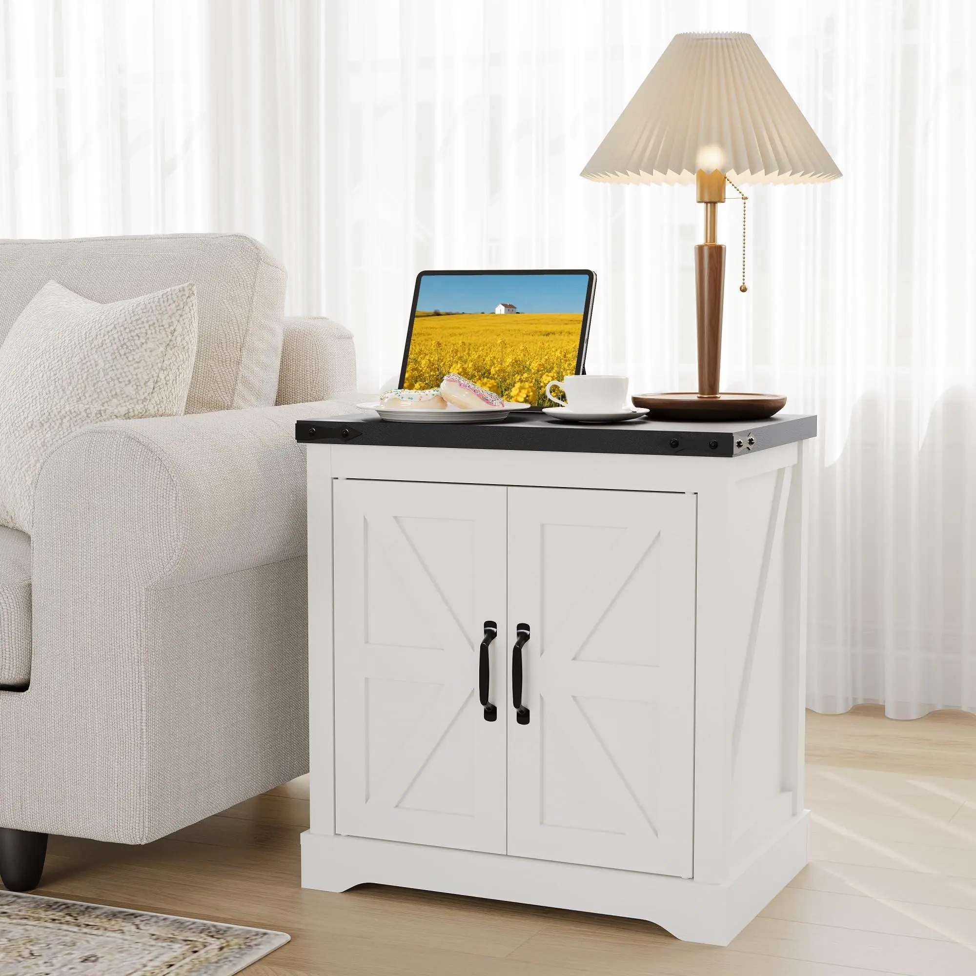 White Farmhouse Night Stand & End Table - Wooden Bedside Table with USB/Type-c Charging Station & Outlets | Modern Nightstand with Storage for Bedroom, Living Room, Office