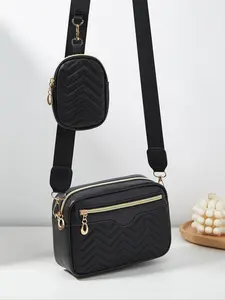 1 Set Fashion V-shaped Quilted Pu Leather Crossbody Shoulder Bag, Casual Plain Color Geometric Pattern Zipper Square Bag, with Adjustable Strap, Unisex