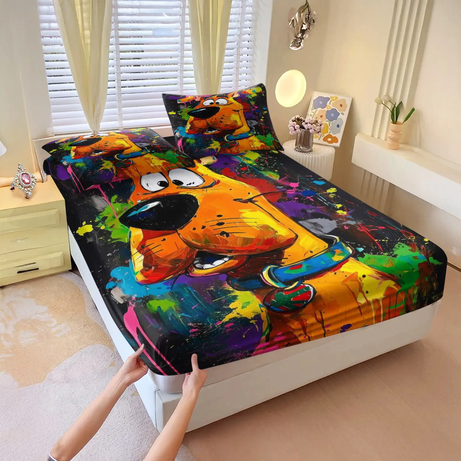 Graffiti-style Scooby-Doo printed 3 Pcs fitted sheet set, Cartoon printed bedding, with 2 coreless pillowcases, lively colors, vivid print, nostalgic fun style, soft comfortable, a great gift or treat for yourself