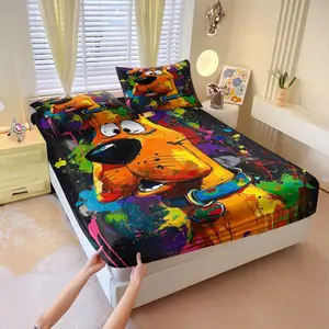Graffiti-style Scooby-Doo printed 3 Pcs fitted sheet set, with 2 coreless pillowcases, strong wrapping, vibrant & lively colors, Vivid print, artistic design, nostalgic & fun style, soft & comfortable, Soft material, a great gift or a treat for yourself