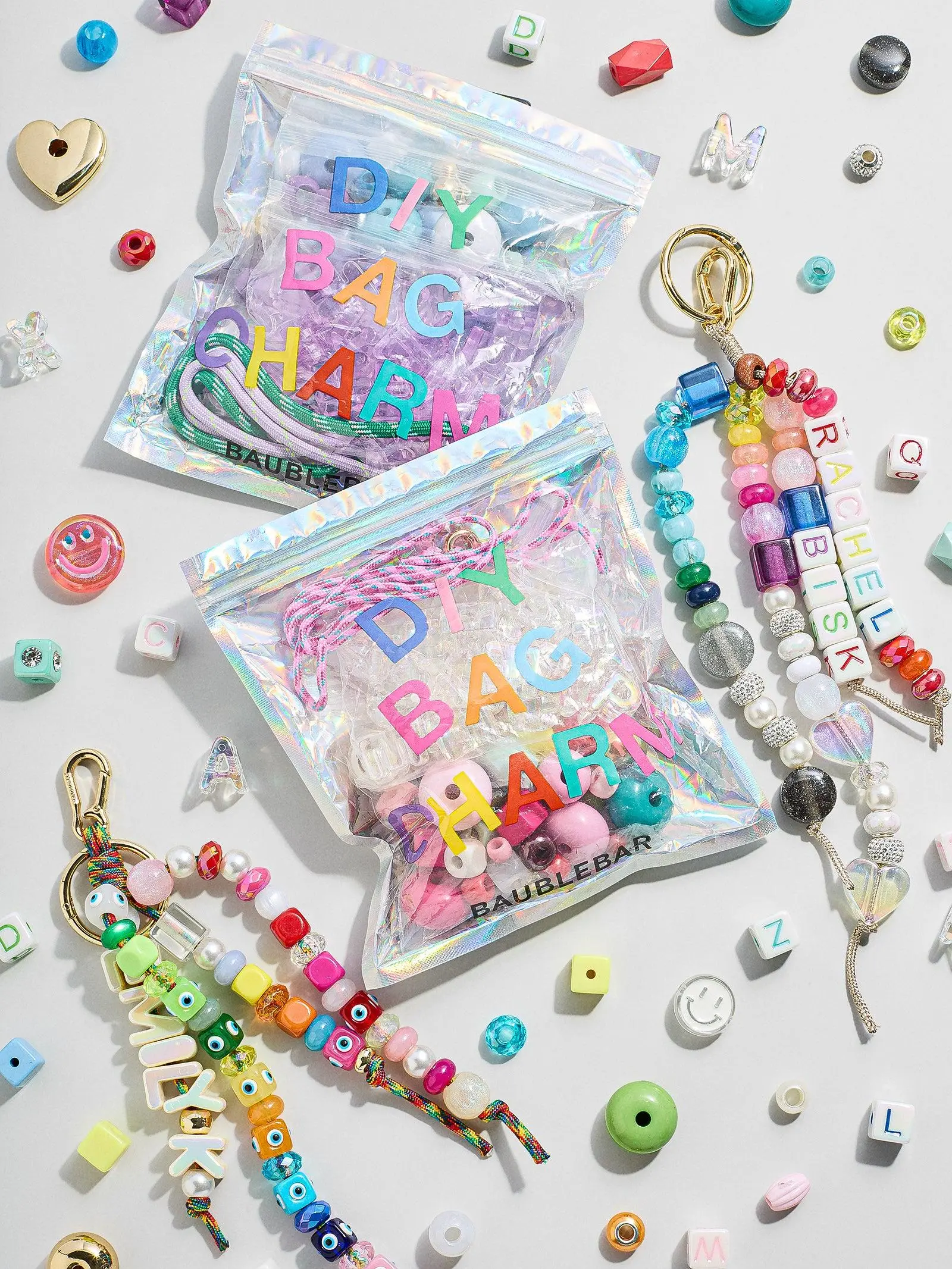 BaubleBar 70pcs Mini Custom Bead Kit - Multi/Smiley Face - DIY Personalized Bag Charm Kit - Great for a Gift, Party, or Family Activity - Ready-To-Go Mess-Free Craft Craft Kit