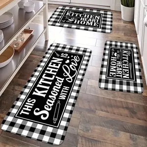 JIT 2/3pcs Kitchen flannel simple Black and white checkered letter decorative carpet Kitchen carpet set, flannel bedside set floor mat anti-slip washable bedside soft carpet, suitable for kitchen, laundry room, corridor floor running mat carpet