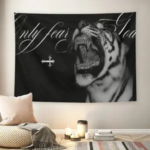 Only Fear God Diamond Grillz Tiger Wall Flag, Black White Gothic Cross Tapestry, Mid-century Modern Grunge Room Decor for Adult Fans, Wild Animal Christian Aesthetic Wall Hanging