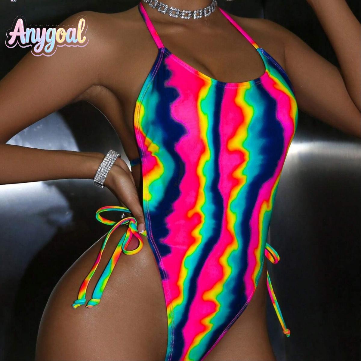 ANYGOAL Women Sexy Lace Up One Piece Swimsuit   Bathing Suits Tum Women Tie Dye Neon Halter Backless One Piece Swimsuit For Summer Beach Vacation, Stretch Swimwear With Eye Catching Color Pattern,