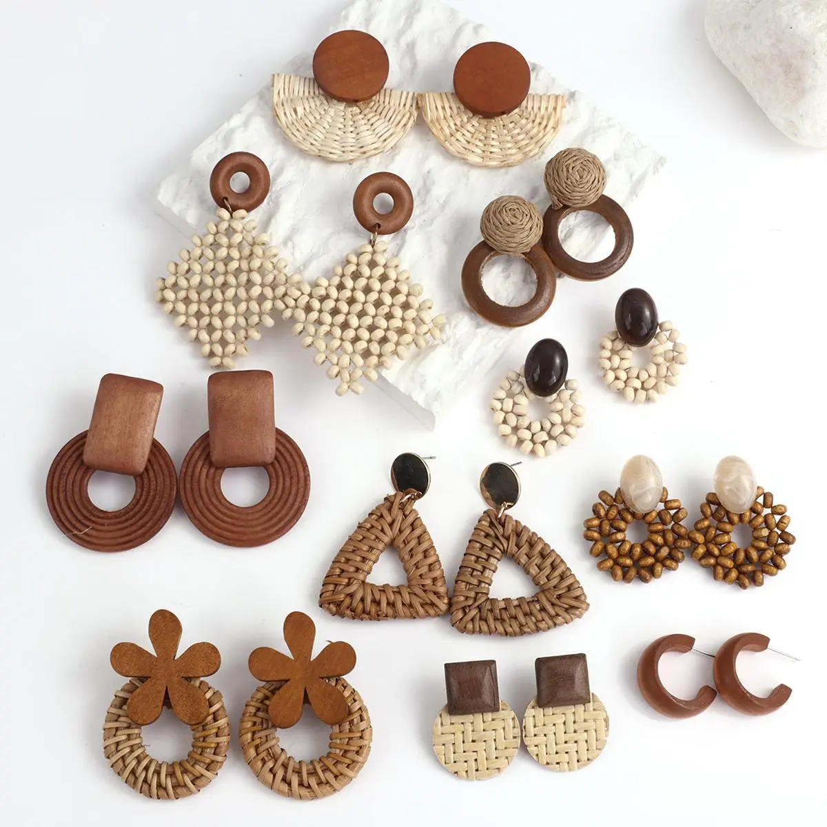 AENSOA Boho Handmade Geometric Wooden Rattan Braid Drop Earrings for Women Ethnic Bohemia Statement Earring  Jewelry