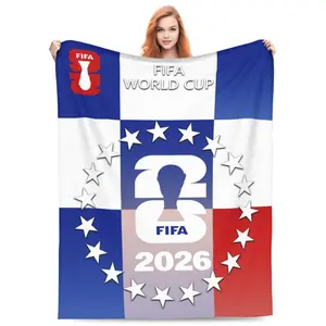 FIFA World Cup WE ARE 26 Flannel Fleece Blanket -  Red Blue Grid White Stars Design, Ultra-Soft Plush Throw for Soccer Fans Home Decor