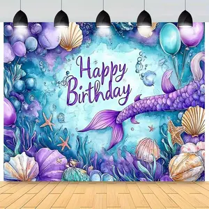 1pc Mermaid Birthday Party Banner - Vibrant Underwater Theme with Balloons & Sea Creatures, Polyester Fabric, Perfect for Indoor/Outdoor Celebrations, No Power Needed, Party Decoration | Whimsical Mermaid Design | Durable Party Decor Ornaments White
