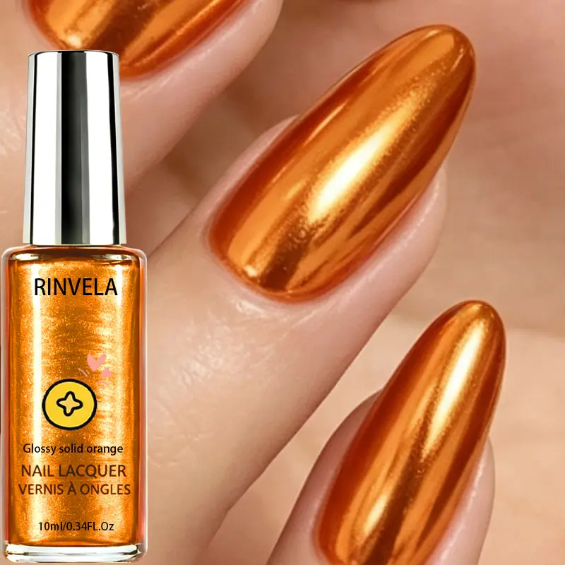 10ML Metallic Gold Orange Nail Polish, Mirror Shine Chrome Lacquer, Quick Dry Long-Lasting Varnish for DIY Manicure