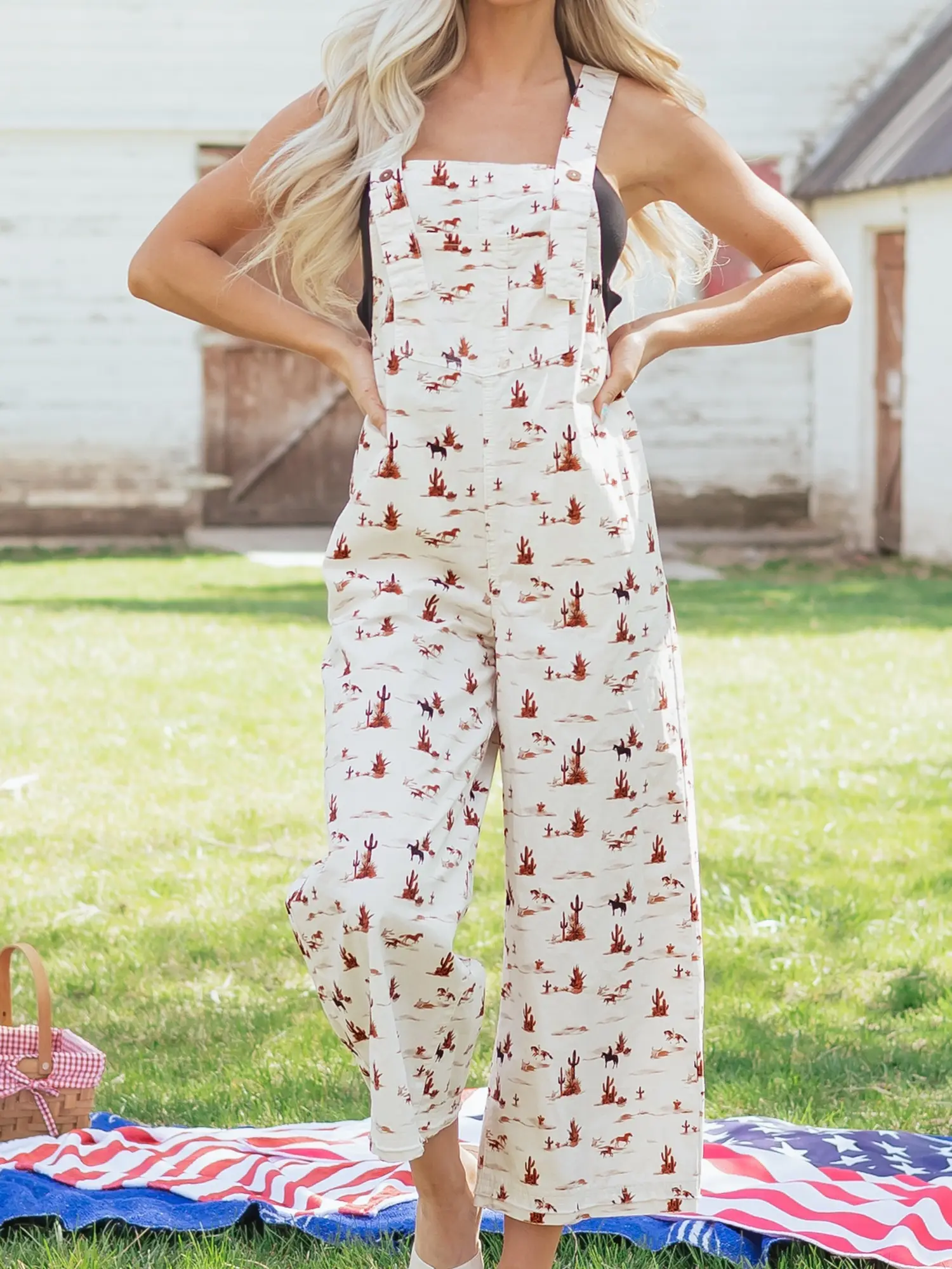 100% Cotton Beige Western Deer & Pine Tree All Over Printed Adjustable Button Shoulder Strap Relaxed Fit Wide Leg Overall Dungaree Jumpsuit for Women Casual Daily Outdoor Wear