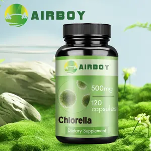 Airboy Chlorella Dietary Supplement, 120 capsules per bottle, 500 mg, easily absorbed, supports immune health.