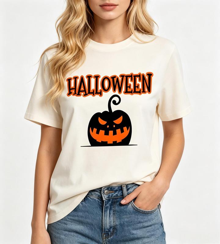 Women's Vintage Halloween Evil Jack O'Lantern Graphic T-Shirt - Beige, Retro Spooky Pumpkin, Short Sleeve Tops, Crew Neck, Pure Cotton, Ultra Light Casual Tee #sohochic