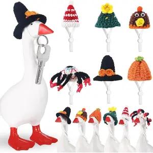 Geyoga 6 Pcs Mini Goose Outfits Hat Thanksgiving Christmas Porch Goose Knitted Hats 7 Inch with Adjustable Strap