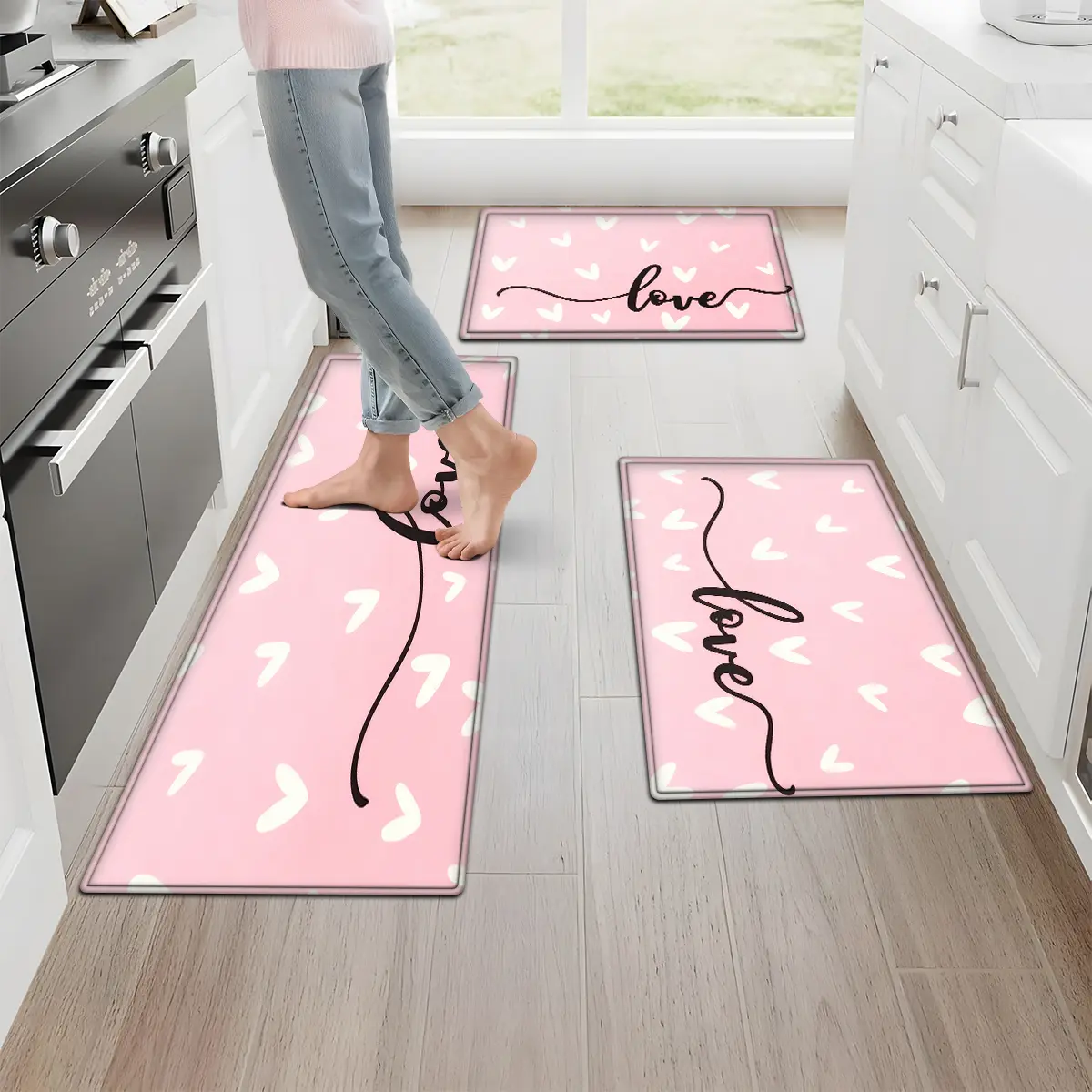 Flannel Kitchen Rug Sets of 3,Pink Kitchen Decor Comfortable Soft Thick Sponge Carpet Washable Non-Slipt Floor Mat For Bathroom/Sink/Laundry,15.7"X23.6"/19.7"X31.5"/17.7"X47.2