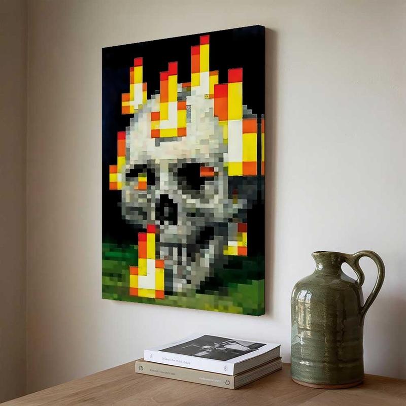 Vivid Pixel Skull Flame Canvas Poster Retro 8-Bit Video Game Style Wall Art for Living Room Bedroom Bathroom Decor Machine-Printed Home Decoration Ornaments Artistic Eco-Friendly Materials Fade-Resistant Waterproof UV-Protected Vibrant Colors