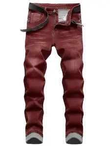 New men's slim-fitting old burgundy washed jeans, 5-pocket design, comfortable and casual versatile and thin trousers