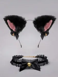 Cute Cat Ear Headband and Bow Bell Necklace Set, Kawaii Cosplay Pet Costume Accessories, Themed Headwear, Perfect for Cosplay Parties