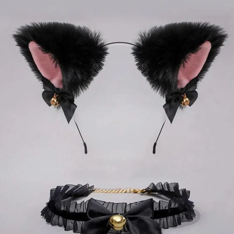 Cute Cat Ear Headband and Bow Bell Necklace Set, Kawaii Cosplay Pet Costume Accessories, Themed Headwear, Perfect for Cosplay Parties, Party Accessory